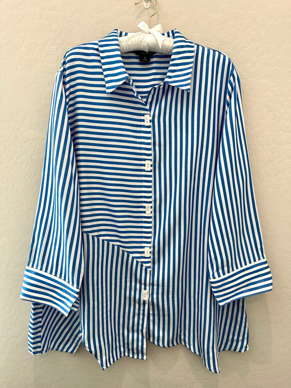 ALI MILES Cobalt Blue White Stripe Asymmetrical Button Shirt NWT XL Artsy